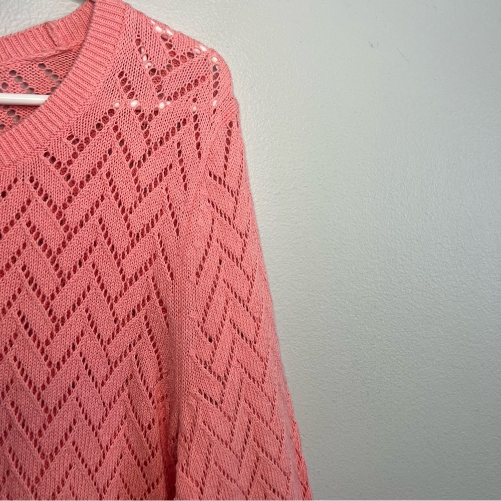 Talbots Womens PINK Open-Knit Chevron Pullover Linen Blend Sweater Sz L 3/4 Slee - Picture 5 of 11